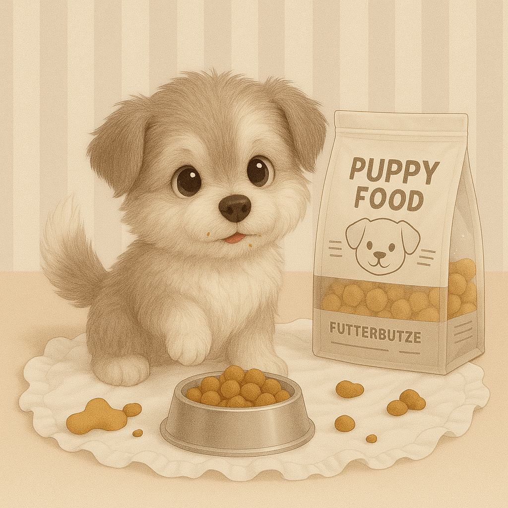 Welpe sitzt vor Napf mit Trockenfutter und Futterbeutel mit Aufschrift Puppy Food auf weißer Decke