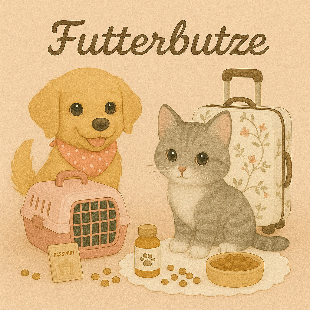 Hund und Katze sitzen mit Transportbox, Koffer, Heimtierausweis, Futter und Medizinflasche auf weißen Matten