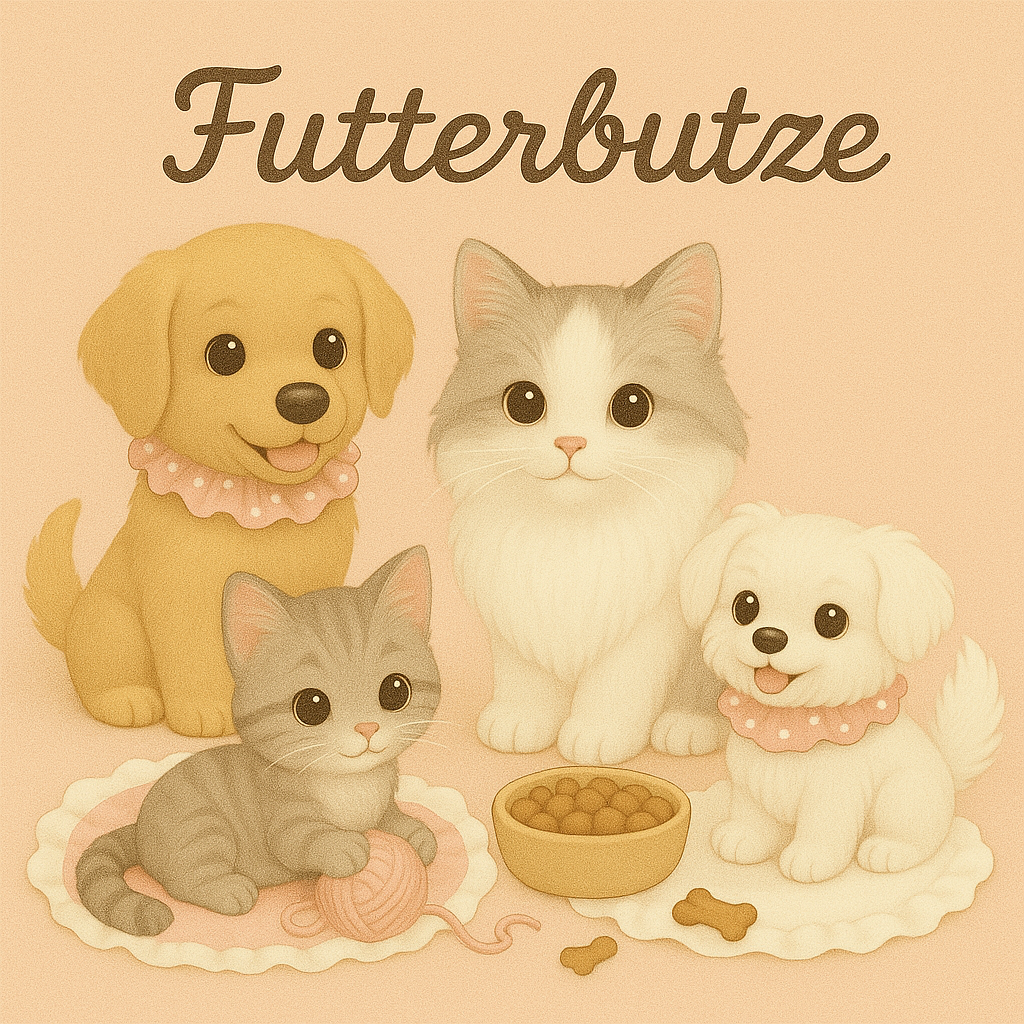 Zwei Hunde und zwei Katzen sitzen auf Matten vor Futternapf und Hundekeksen, ein Kätzchen spielt mit Wollknäuel