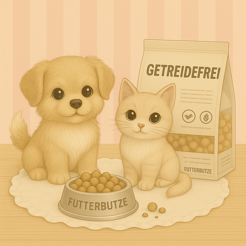 Hundewelpe und Katzenjunges sitzen auf weißer Matte vor Napf mit Trockenfutter und Beutel mit Aufschrift Getreidefrei