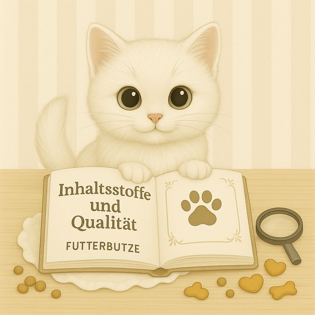 Weiße Katze sitzt vor geöffnetem Buch mit Aufschrift Inhaltsstoffe und Qualität, daneben Leckerlis und Lupe auf Holzoberfläche
