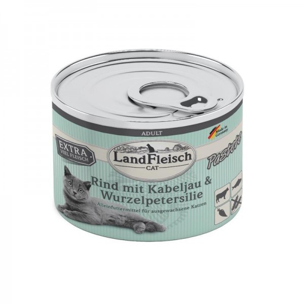 LandFleisch Cat Adult Pastete Rind, Kabeljau & Wurzelpetersilie, 195g Dose