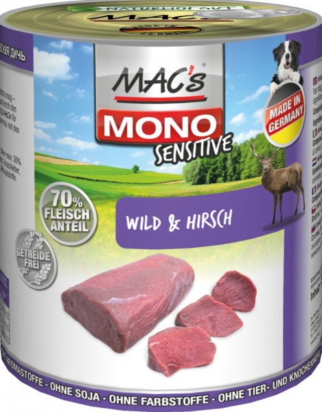 Macs Dog Mono Sensitive Hundenassfutter mit Wild und Hirsch, 800g Dose