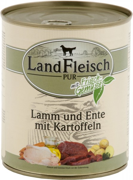 LandFleisch Dog Pur mit Lamm, Ente & Kartoffel, 800g Dose