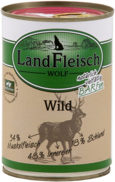 LandFleisch Barf Wolf Sensibel 100% vom Wild, 400g Dose