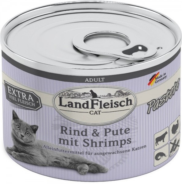 LandFleisch Cat Adult Pastete mit Rind, Pute & Shrimps, 195g Dose