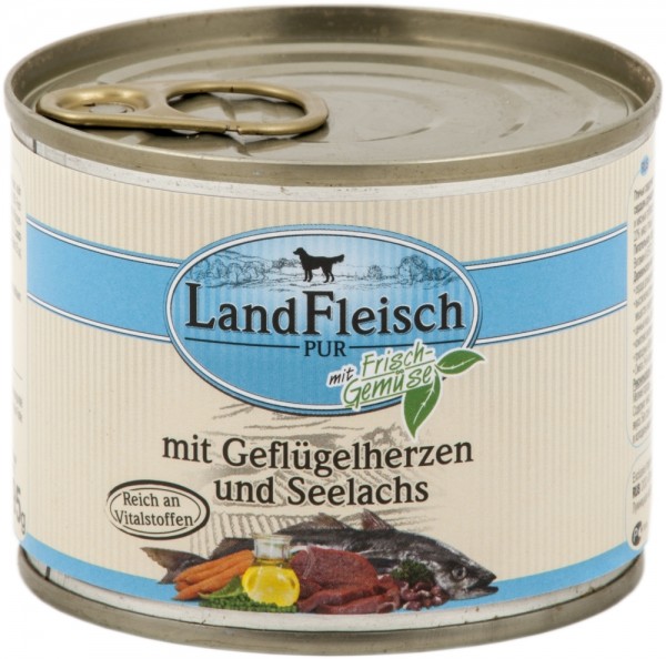 LandFleisch Dog Pur Geflügelherzen & Seelachs, 195g Dose
