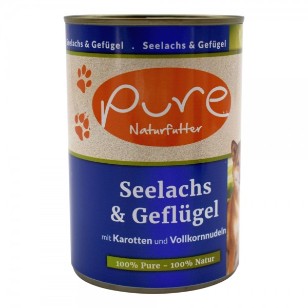 PURE Naturfutter Hundemenü CLASSIC Seelachs & Geflügel mit Karotten & Vollkornnudeln 400g Dose