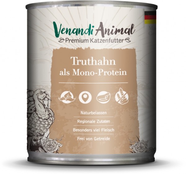 Venandi Animal Premium Katzennassfutter mit Truthahn als Monoprotein 800g Dose