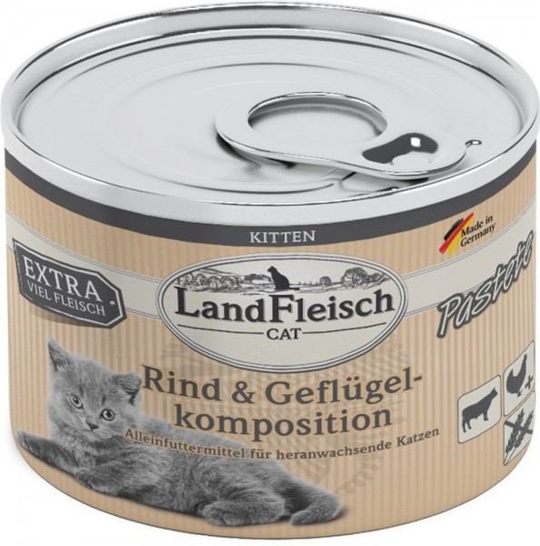 LandFleisch Cat Kitten Pastete mit Rind & Geflügelkomposition, 195g Dose