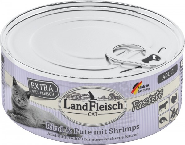 LandFleisch Cat Adult Pastete mit Rind, Pute & Shrimps, 100g Dose