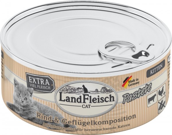 LandFleisch Cat Kitten Pastete mit Rind & Geflügelkomposition, 100g Dose