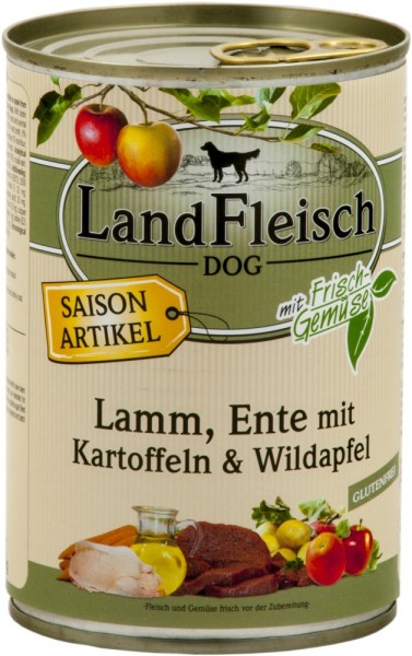 LandFleisch Dog mit Lamm, Ente, Kartoffeln & Wildapfel, 400g Dose [*** AUSLAUFARTIKEL ***]