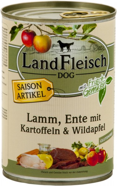 LandFleisch Dog mit Lamm, Ente, Kartoffeln & Wildapfel, 400g Dose