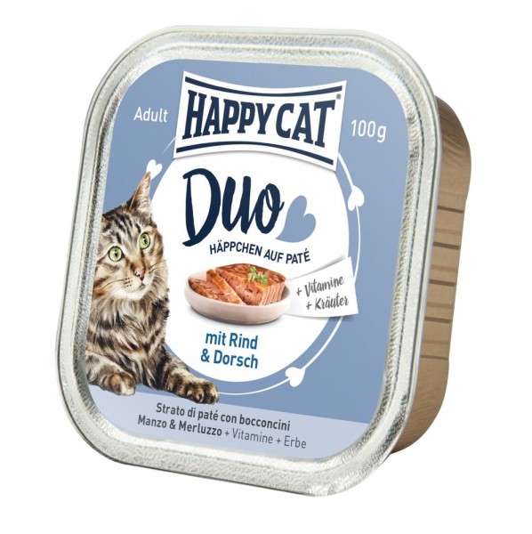 Happy Cat Duo Paté auf Häppchen Rind & Dorsch 100g
