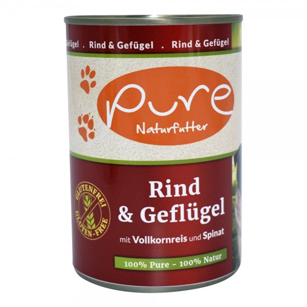 PURE Naturfutter Hundemenü CLASSIC Rind & Geflügel mit Vollkornreis und Spinat 400g Dose