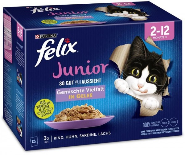 Felix Junior gemischte Vielfalt in Gelee - 12x 85g Portionsbeutel