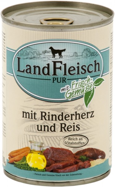 LandFleisch Dog Pur mit Rinderherzen & Reis, 400g Dose
