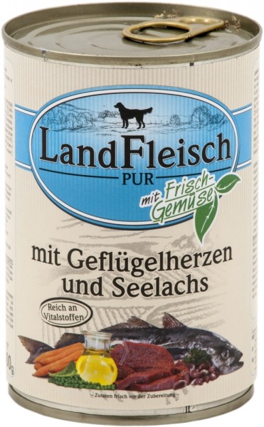 LandFleisch Dog Pur Geflügelherzen & Seelachs, 400g  Dose