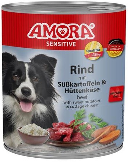 AMORA Sensitive Rind mit Süßkartoffeln & Hüttenkäse - 800g Dose