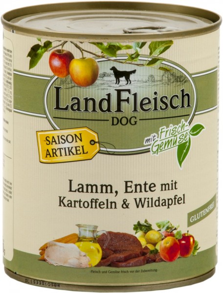 LandFleisch Dog Lamm, Ente, Kartoffel & Wildapfel,  800g Dose