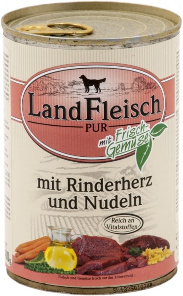 LandFleisch Dog Pur mit Rinderherzen & Nudeln, 400g Dose