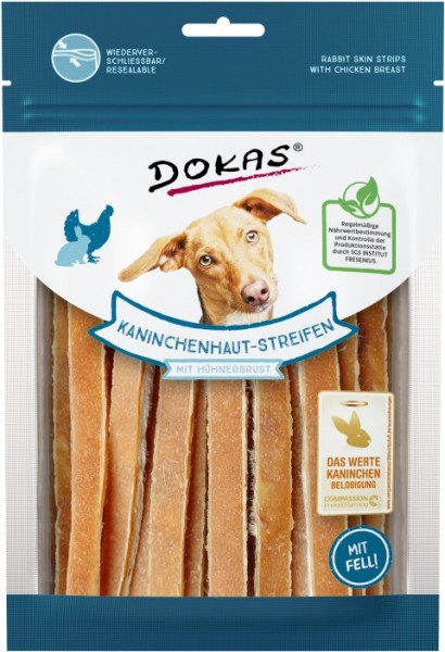 *** Dokas Hunde Snack Kaninchenhaut-Streifen mit Hühnerbrust [*** AUSLAUFARTIKEL]