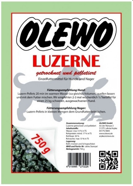 Olewo Luzerne-Pellets für Hunde und Nager 750g