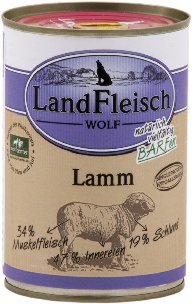 *** LandFleisch Hunde Dose Wolf Sensibel 100% vom Lamm 400g [*** AUSLAUFARTIKEL]