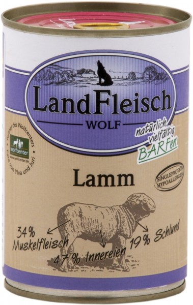 *** LandFleisch Dog Barf Wolf Sensibel 100% vom Lamm, 400g Dose [*** AUSLAUFARTIKEL]