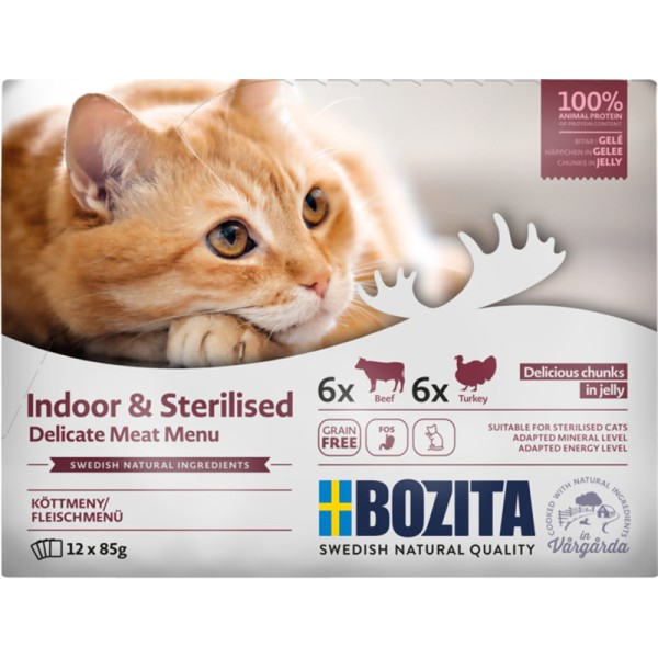 Bozita Cat Pouch-Beutel Indoor & Sterilised Häppchen in Gelee mit Fleisch Multibox 12x85g