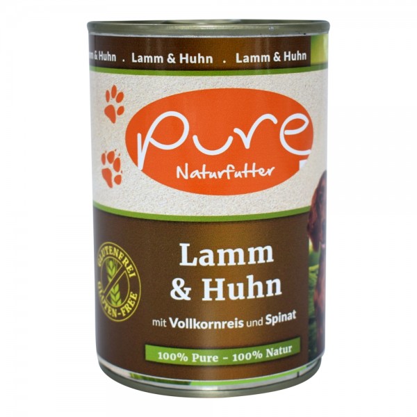 PURE Naturfutter Hundemenü CLASSIC Lamm & Huhn mit Vollkornreis und Spinat