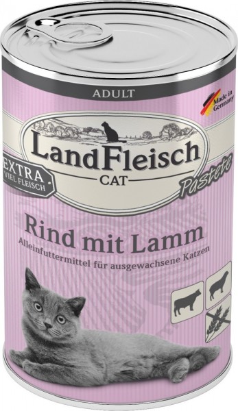 LandFleisch Cat Adult Pastete mit Rind+Lamm, 400g Dose