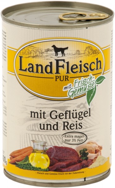 LandFleisch Dog Pur mit Geflügel & Reis, 400g Dose