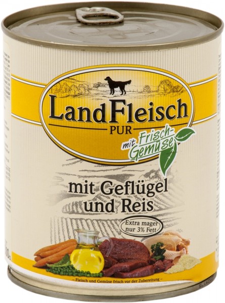 LandFleisch Dog Pur mit Geflügel & Reis extra mager, 800g Dose