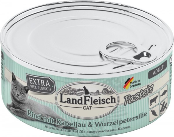 LandFleisch Cat Adult Pastete mit Rind, Kabeljau & Wurzelpetersilie, 100g Dose