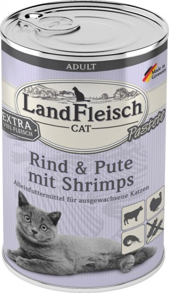 LandFleisch Cat Adult Pastete mit Rind, Pute & Shrimps, 400g Dose