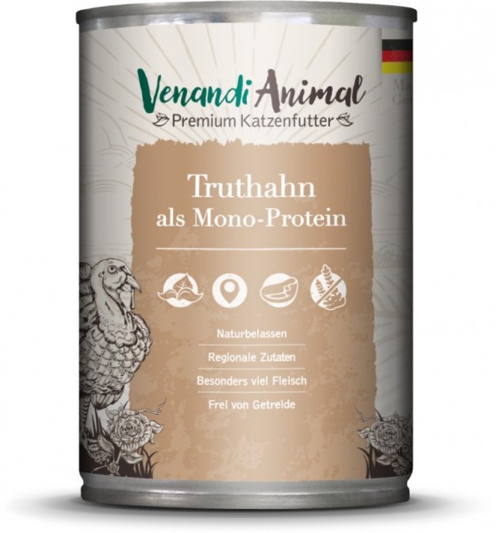 Venandi Animal Premium Katzennassfutter mit Truthahn als Monoprotein 400g Dose