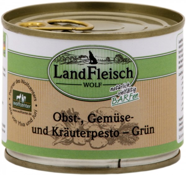 LandFleisch Dog Barf Wolf Obst-, Gemüse und Kräuterpesto Grün, 200g Dose