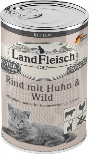 LandFleisch Cat Kitten Pastete Rind, Huhn & Wild, 400g Dose