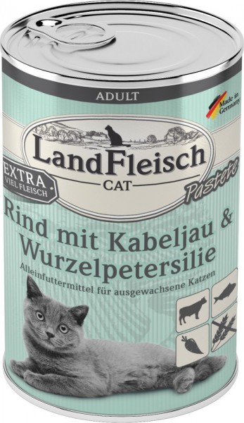 LandFleisch Cat Adult Pastete mit Rind, Kabeljau & Wurzelpetersilie, 400g Dose