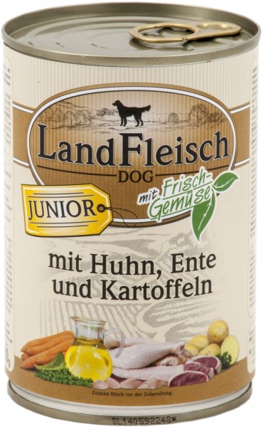 LandFleisch Dog Junior mit Huhn, Ente & Kartoffeln, 400g Dose