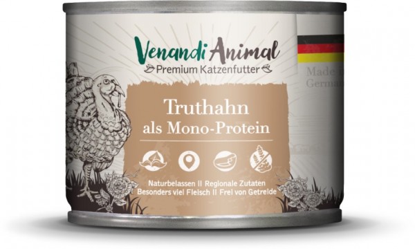 Venandi Animal Premium Katzennassfutter mit Truthahn als Monoprotein 200g Dose
