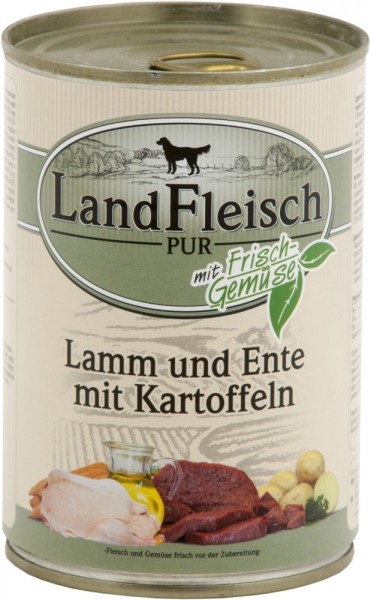 LandFleisch Dog Pur mit Lamm, Ente & Kartoffel, 400g Dose