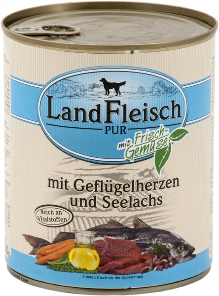 LandFleisch Dog Pur mit Geflügelherzen & Seelachs, 800g Dose