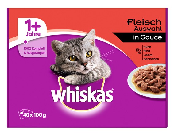 Whiskas Portionsbeutel Multipack 1+ Fleischauswahl in Sauce 40x100g