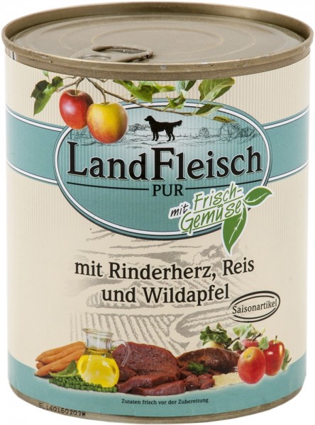 LandFleisch Dog Pur mit Rinderherz, Reis & Wildapfel, 800g Dose