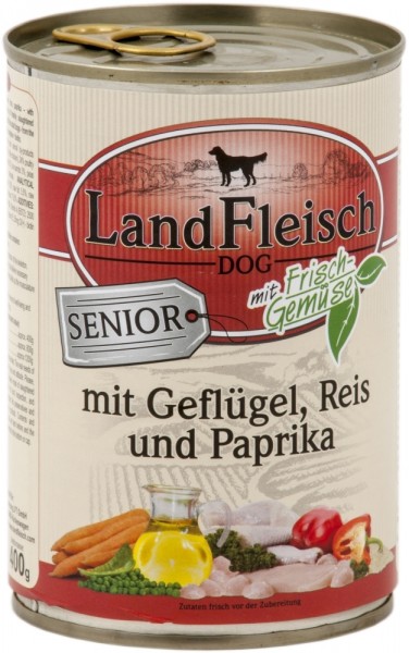 LandFleisch Dog Senior mit Geflügel, Reis & Paprika, 400g Dose