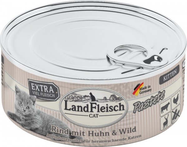 LandFleisch Cat Kitten Pastete Rind, Huhn & Wild, 100g Dose