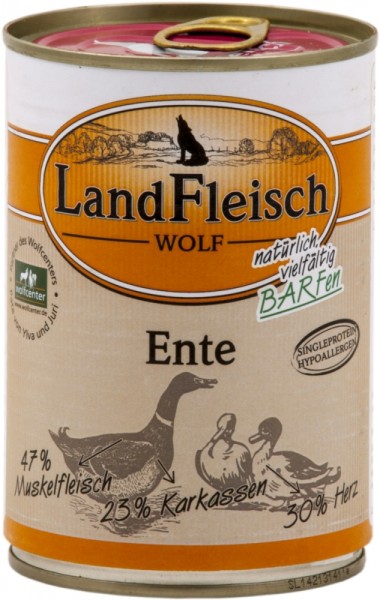 LandFleisch Dog Barf Wolf 100% von der Ente, 400g Dose